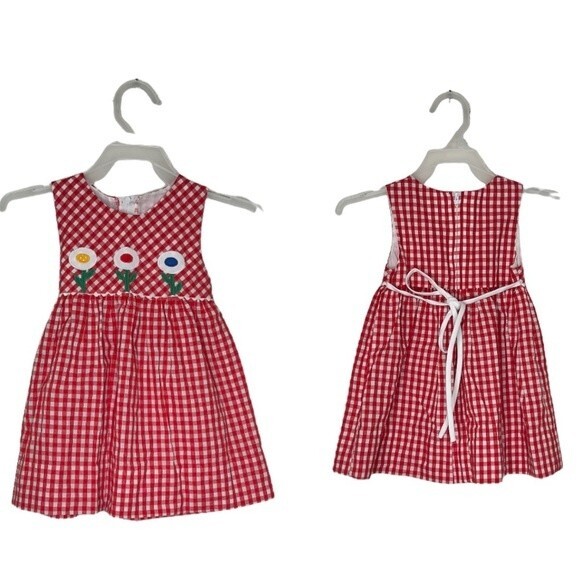 HANDMADE Girls Red White Check Dress Floral Appliqués Gingham Seersucker - Picture 6 of 6